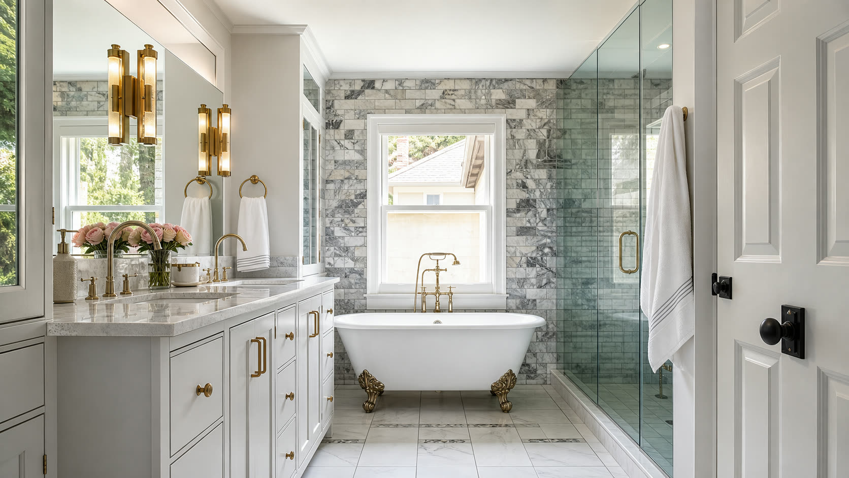 Luxury master bathroom remodel — marble tile, clawfoot tub, brass fixtures, glass shower