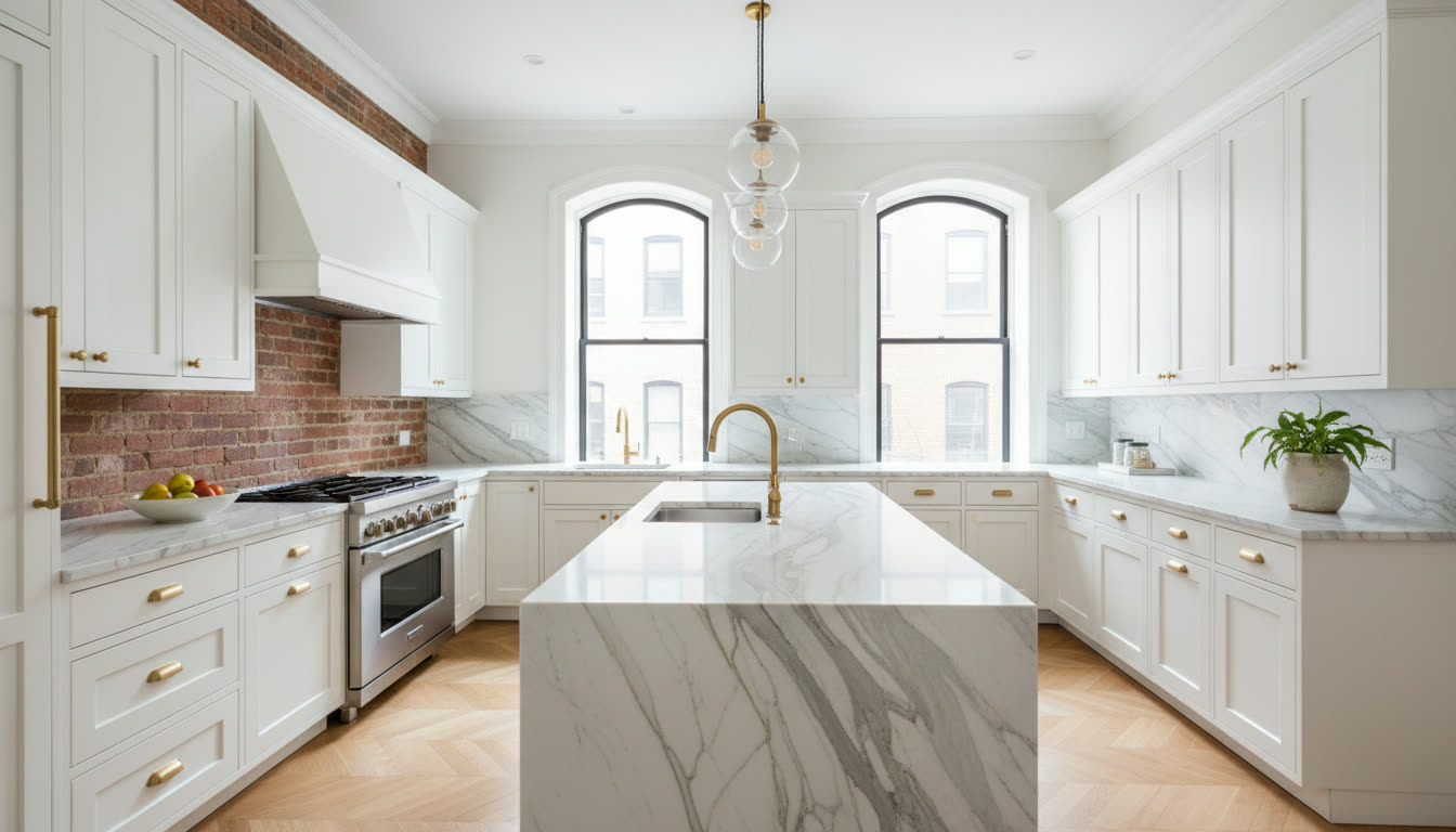 Luxury renovated Brooklyn brownstone kitchen — marble waterfall island, brass fixtures, exposed brick