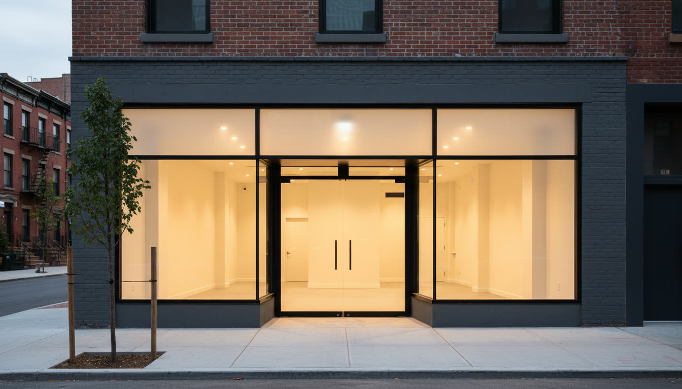 Newly renovated Brooklyn retail storefront — black metal glass facade, warm lighting